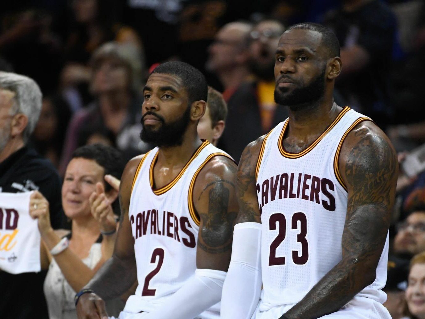 LeBron James and Kyrie Irving look on as the two former teammates could possibly be making a reunion in Los Angeles