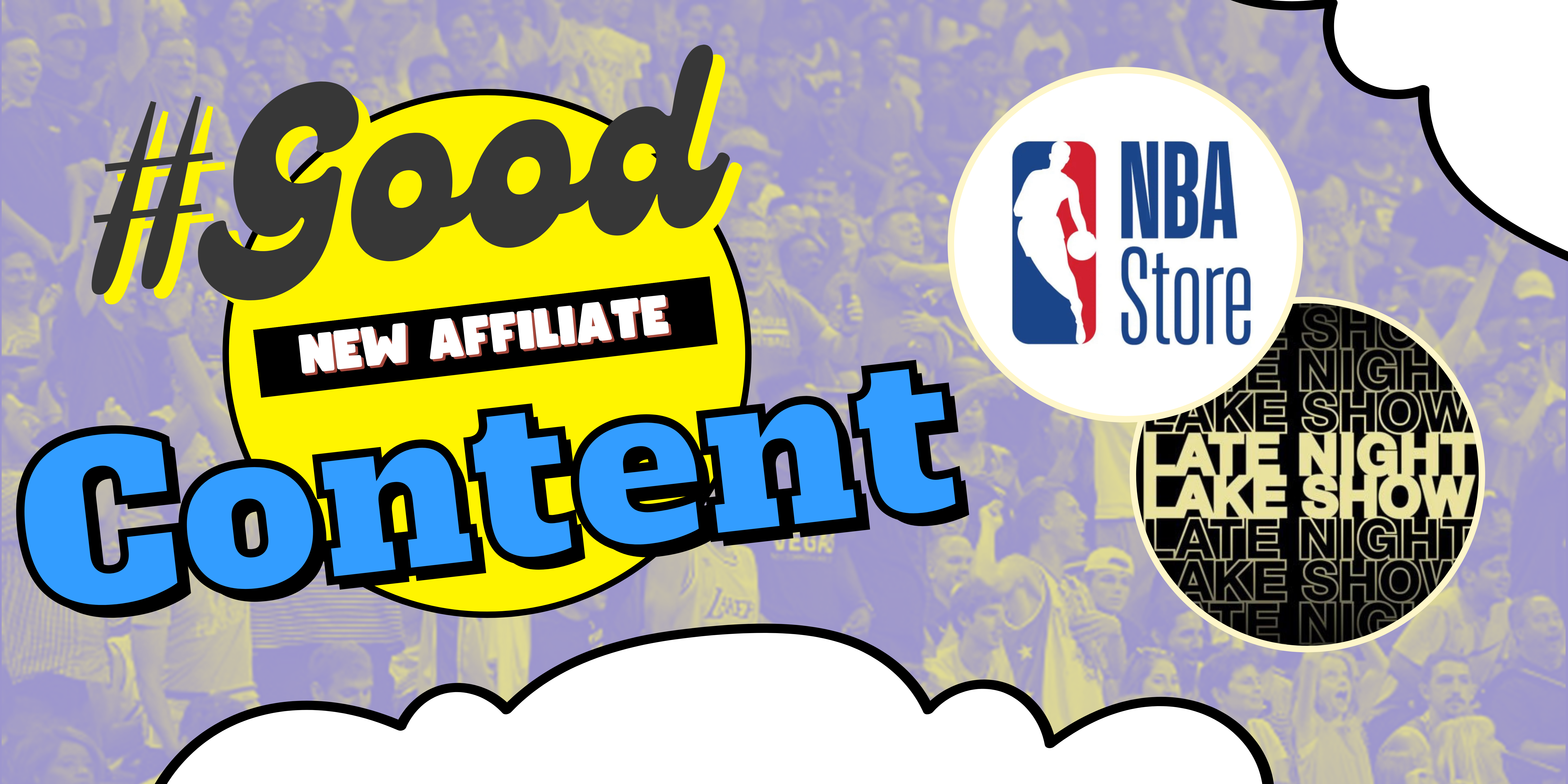 A banner image of the late night lake show podcast logo, which is a purple and yellow microphone with the words ‘late night lake show’ on it, and the NBA Store logo, which is a red and blue basketball with the words ‘NBA Store’ on it. The banner also has white text that reads ‘new affiliate’.”